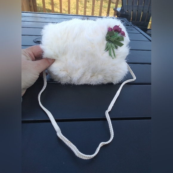 Hand Crafted Other - * HOST PICK * Vintage Child's White Faux Fur Muff, Red Flower Accents, H…